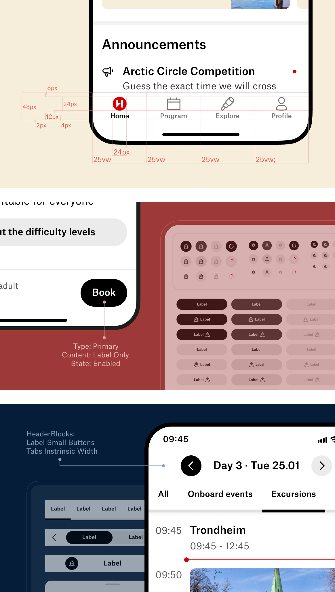 Samling av ulike utsnitt av designsystemet til Hurtigruten-appen, som størrelser, knapper, komponenter.