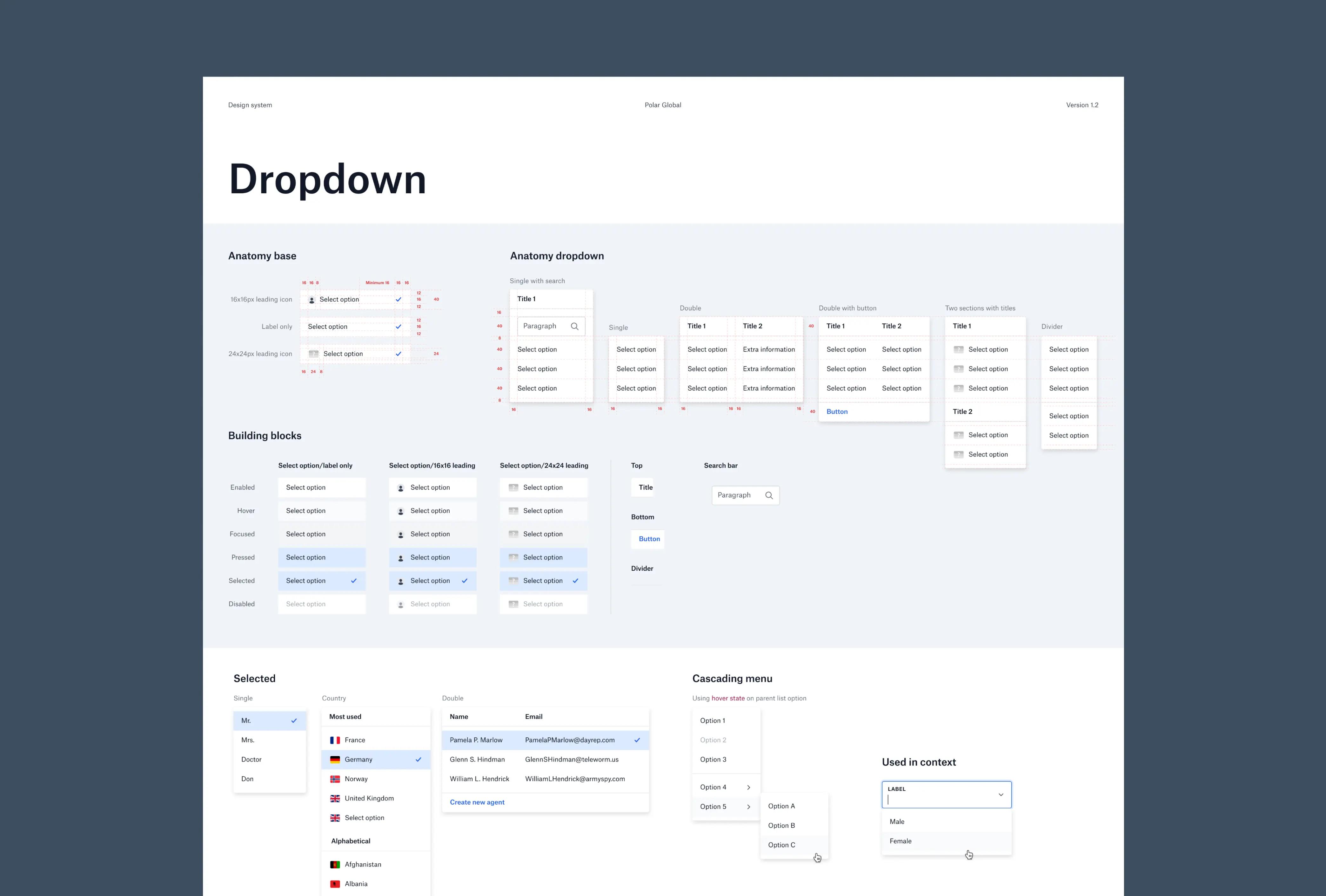 Utsnitt av nedtrekksmenyer fra designsystemet.