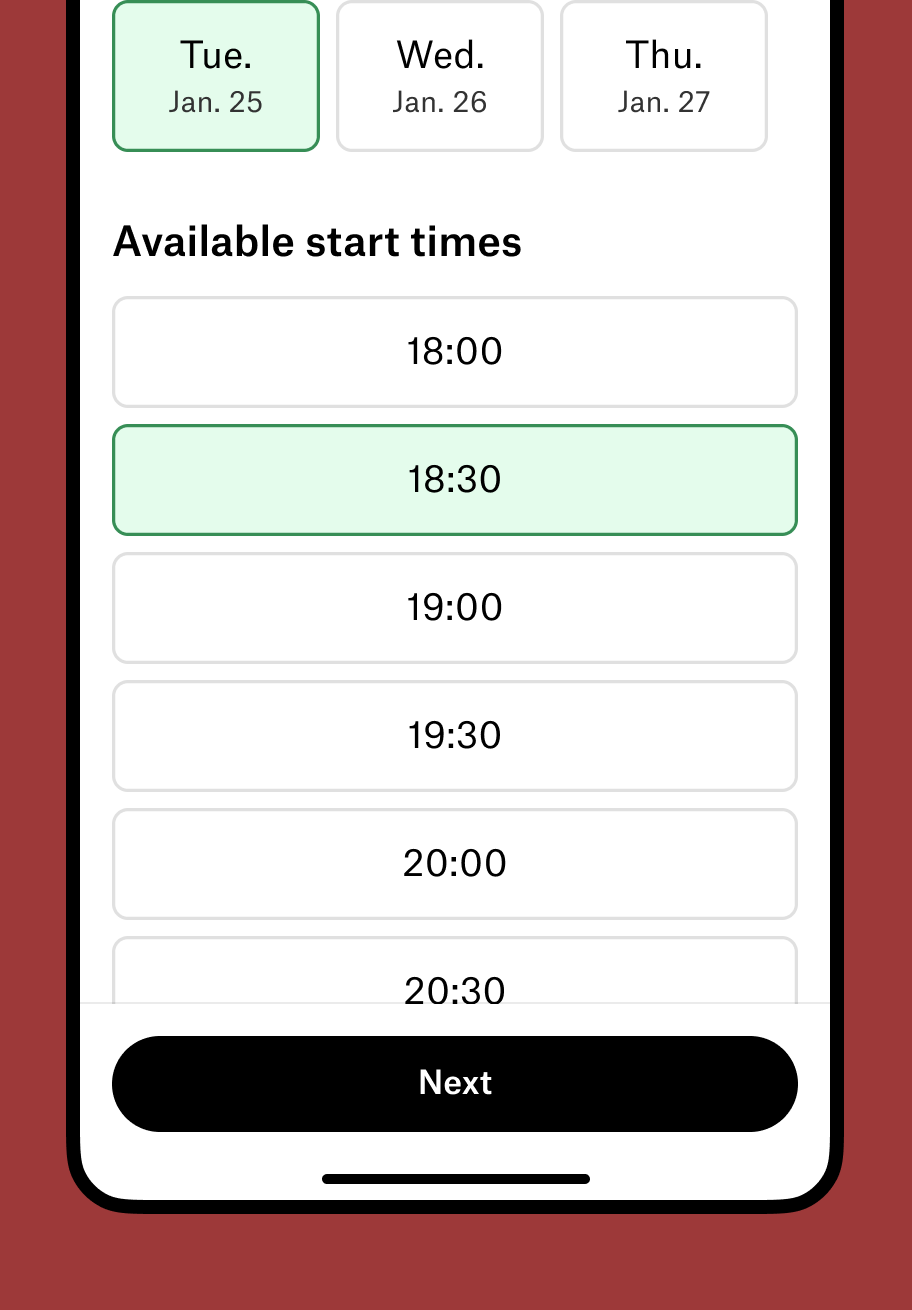 Skjermbilde av bestillingsflyten i Hurtigruten appen.