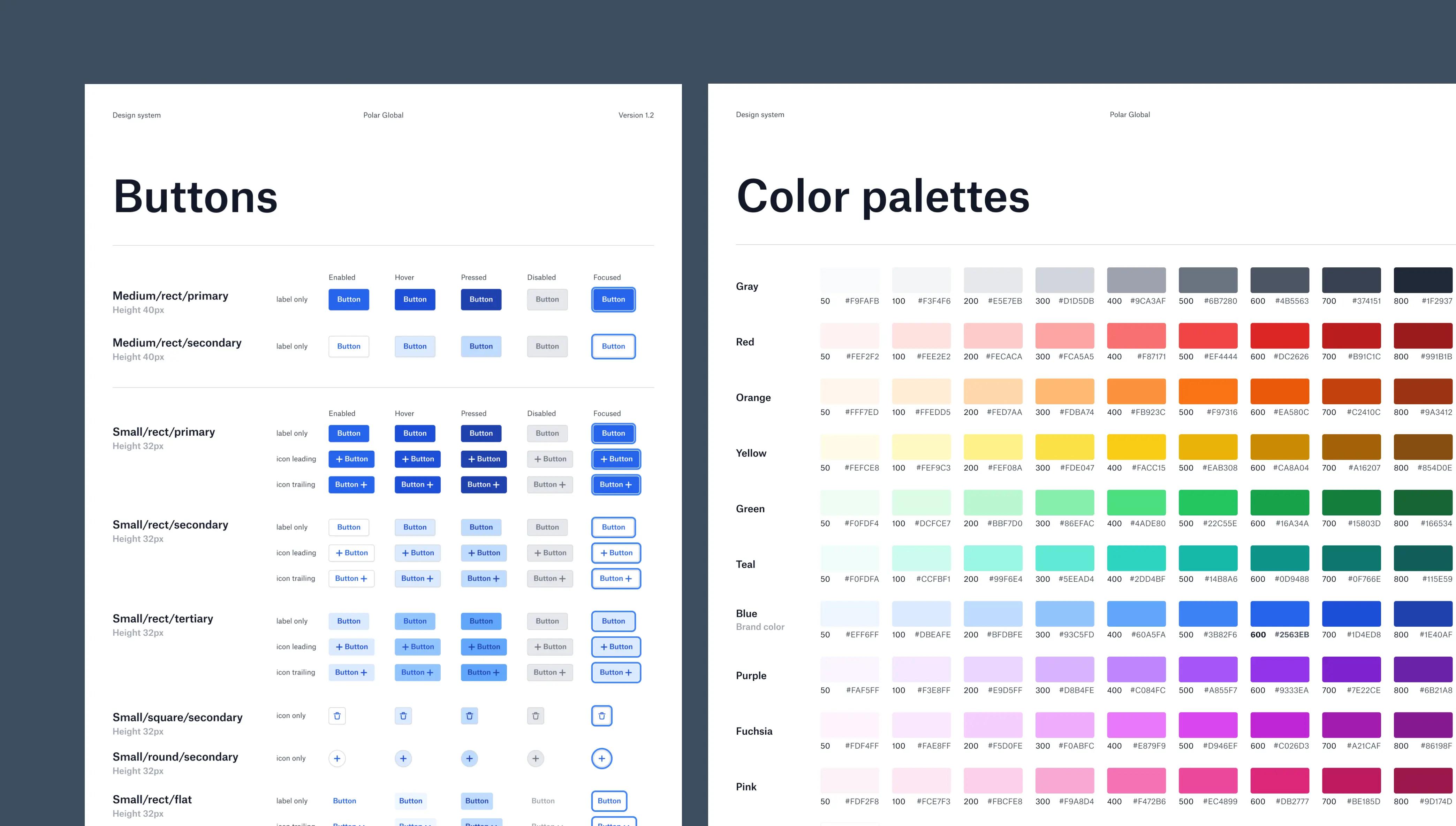 Utsnitt av knapper og fargepalett fra designsystemet.