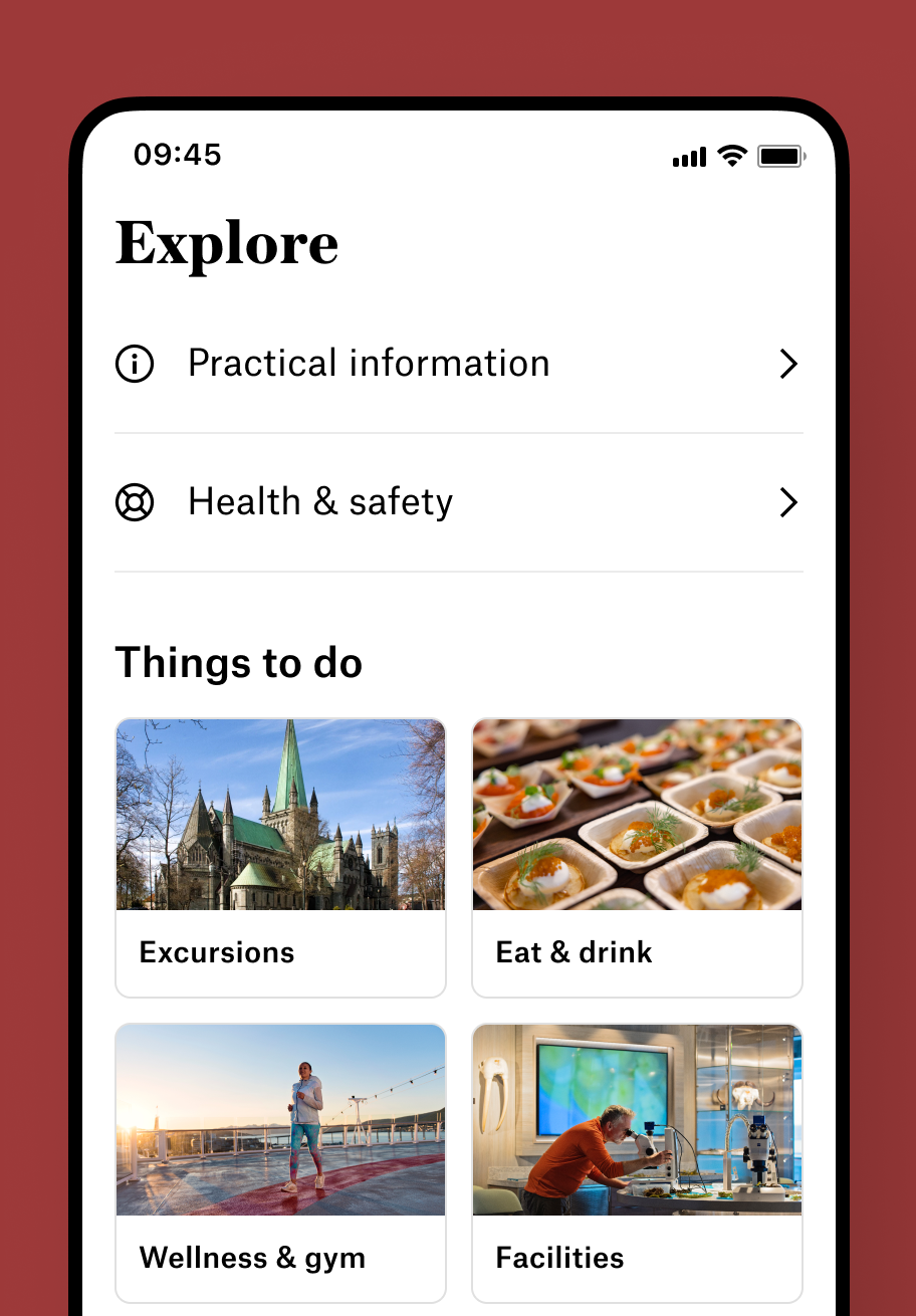 Skjermbilde av "Explore" siden i Hurtigruten appen.