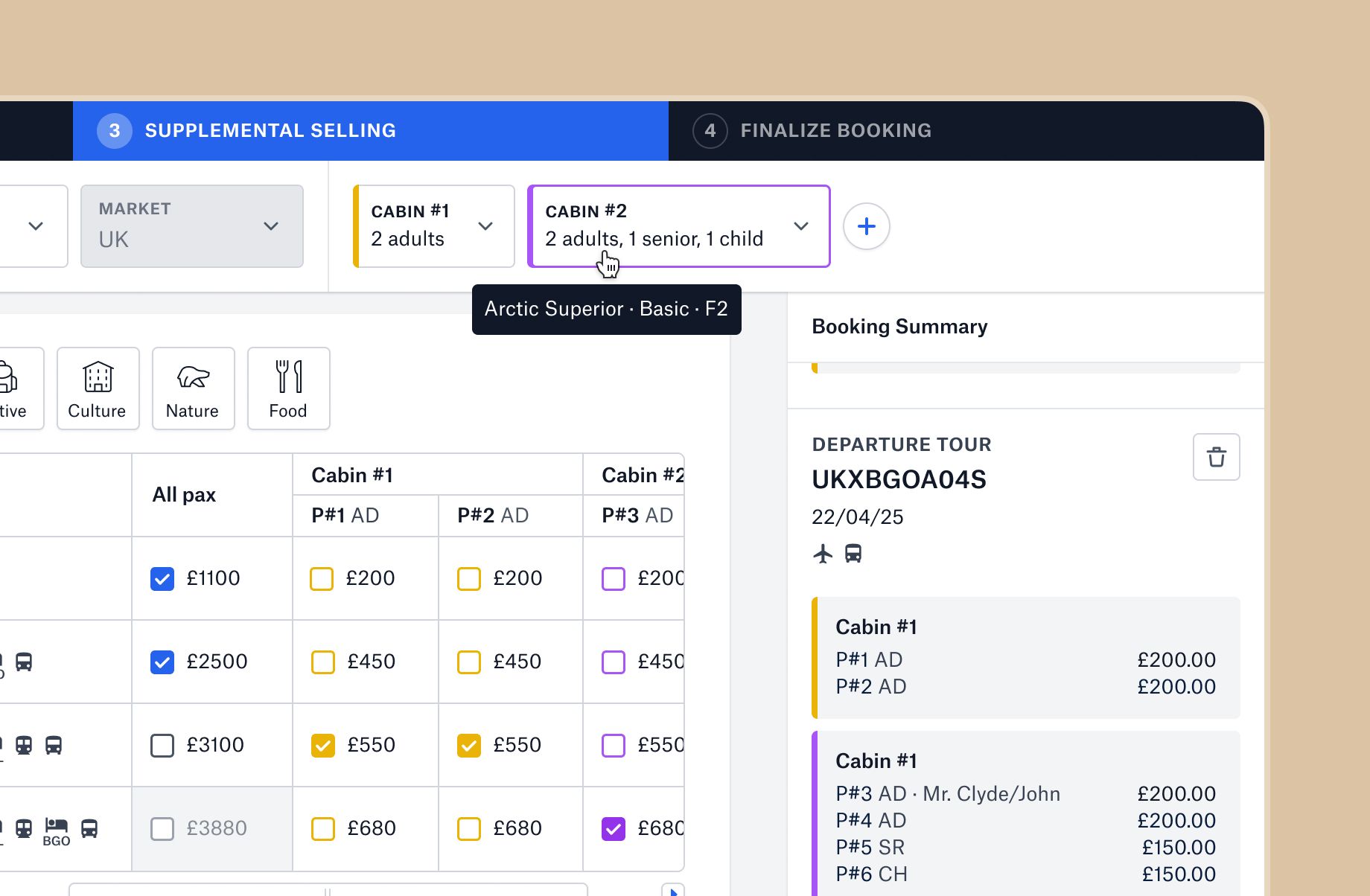 Et utsnitt av et grensesnittet til en bestillingsflyt, med fokus på priser, mersalg og kabin informasjon.