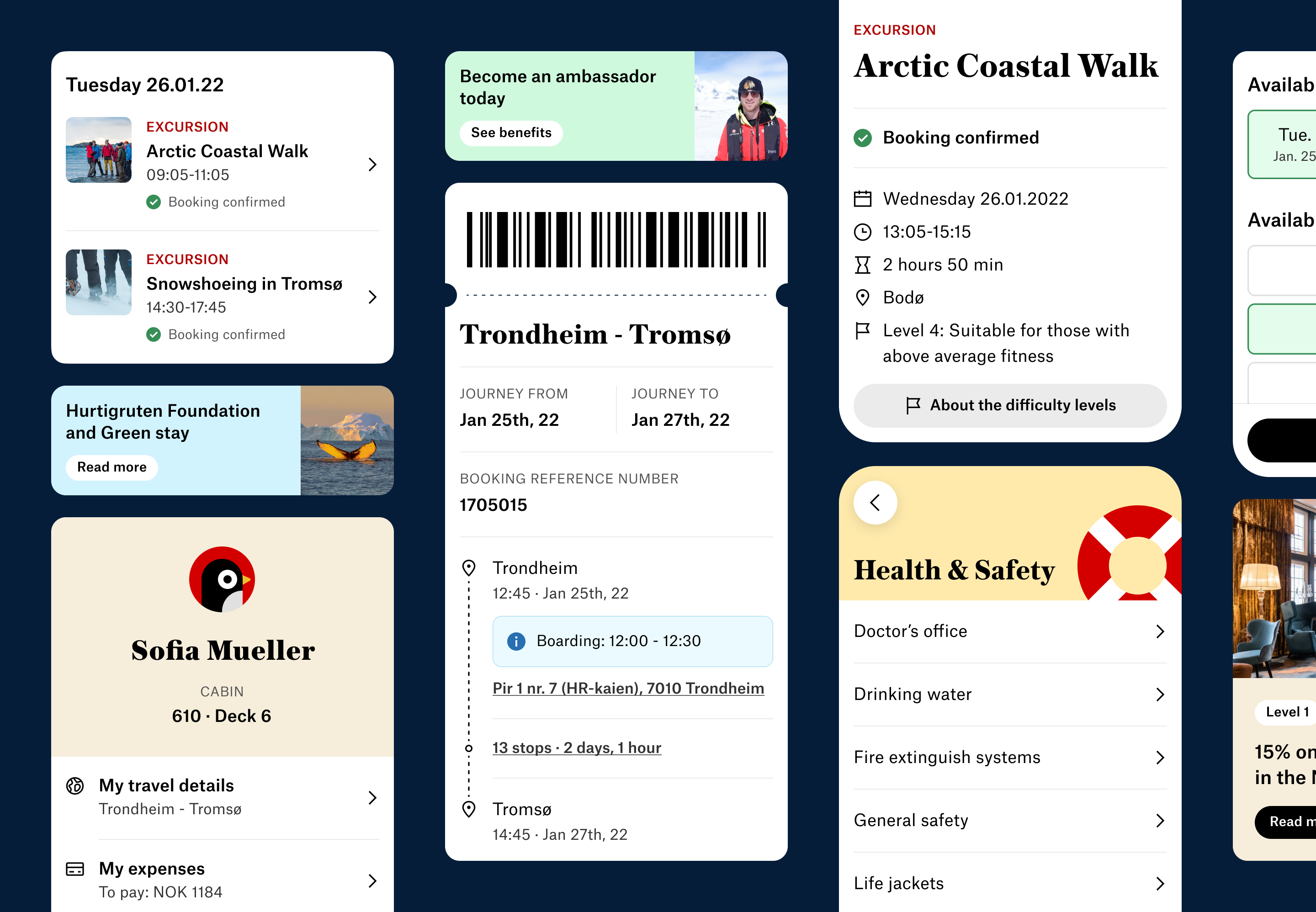 Samling av ulike komponenter og skjermbilder fra Hurtigruten-appen.