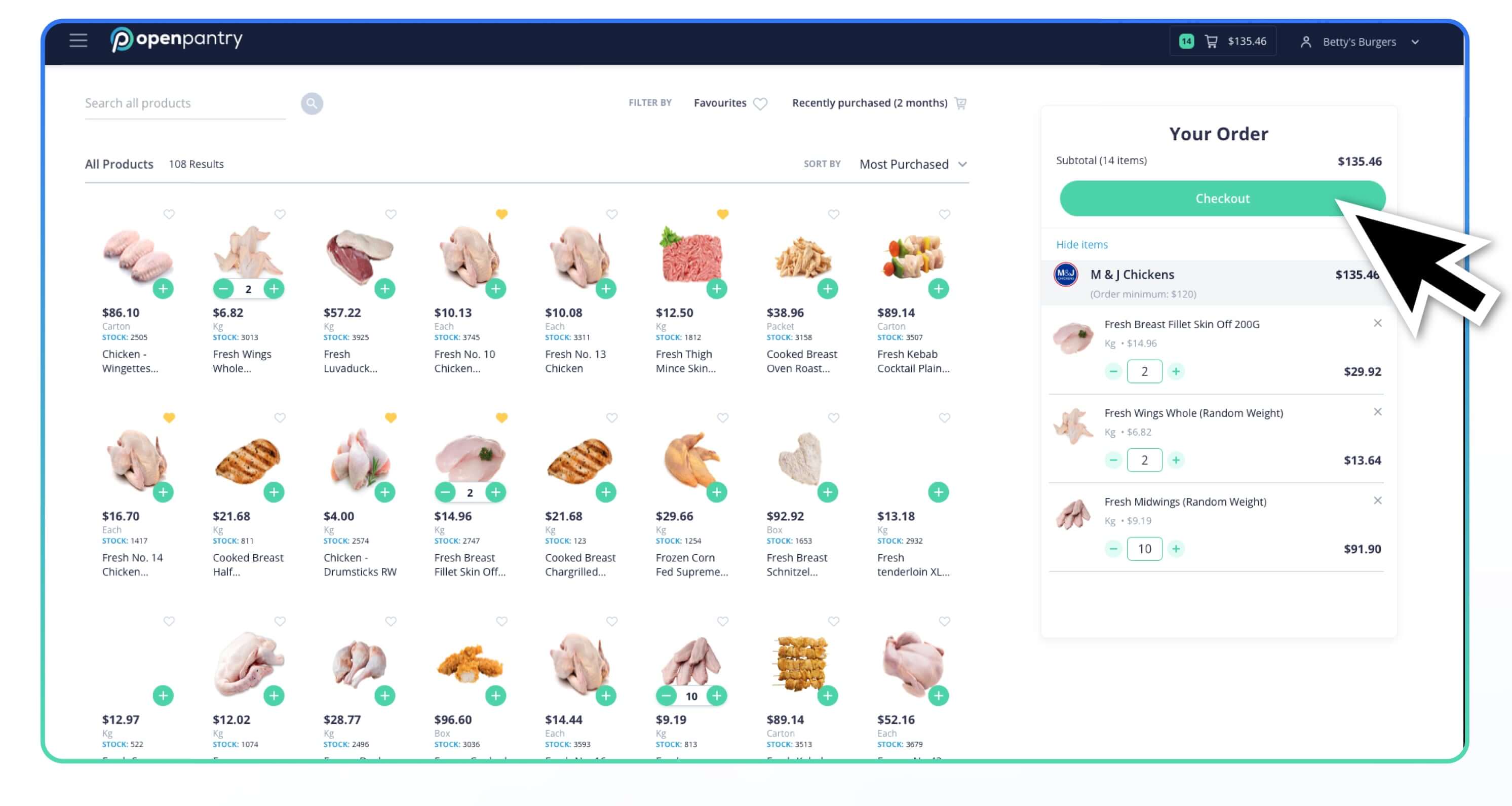 Screenshot of the Open Pantry platform showing M&J Chickens products with selected items in the cart and a cursor pointing to the Checkout button.