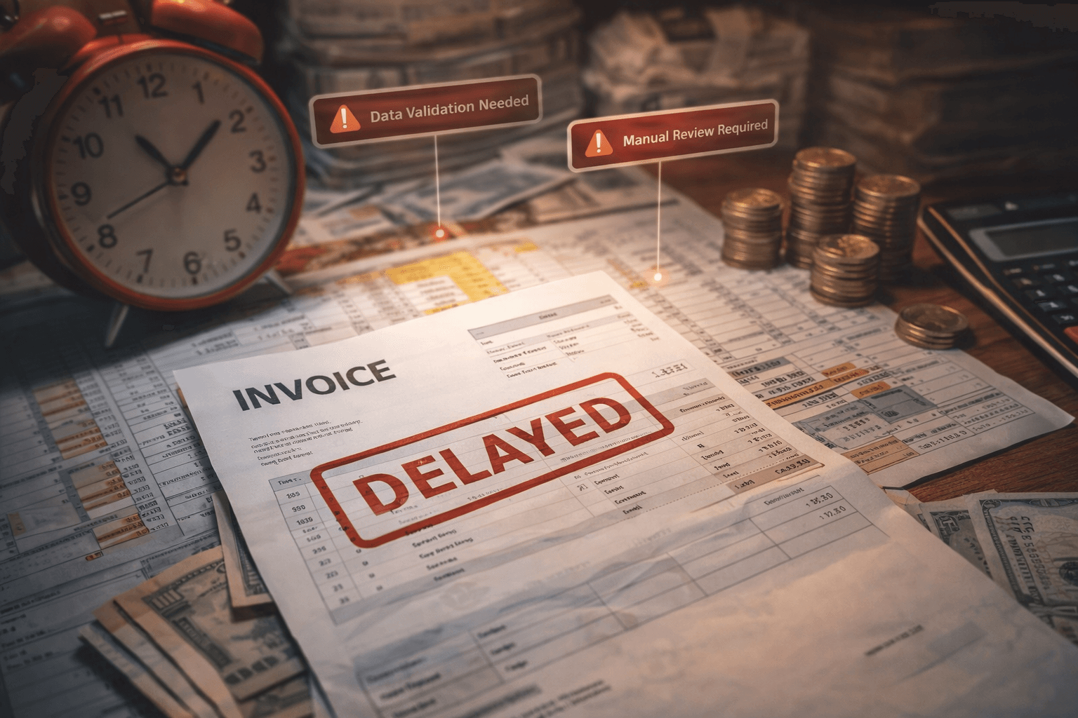 Delayed invoice on top of spreadsheets, with a clock and stacks of coins showing slow cash flow.