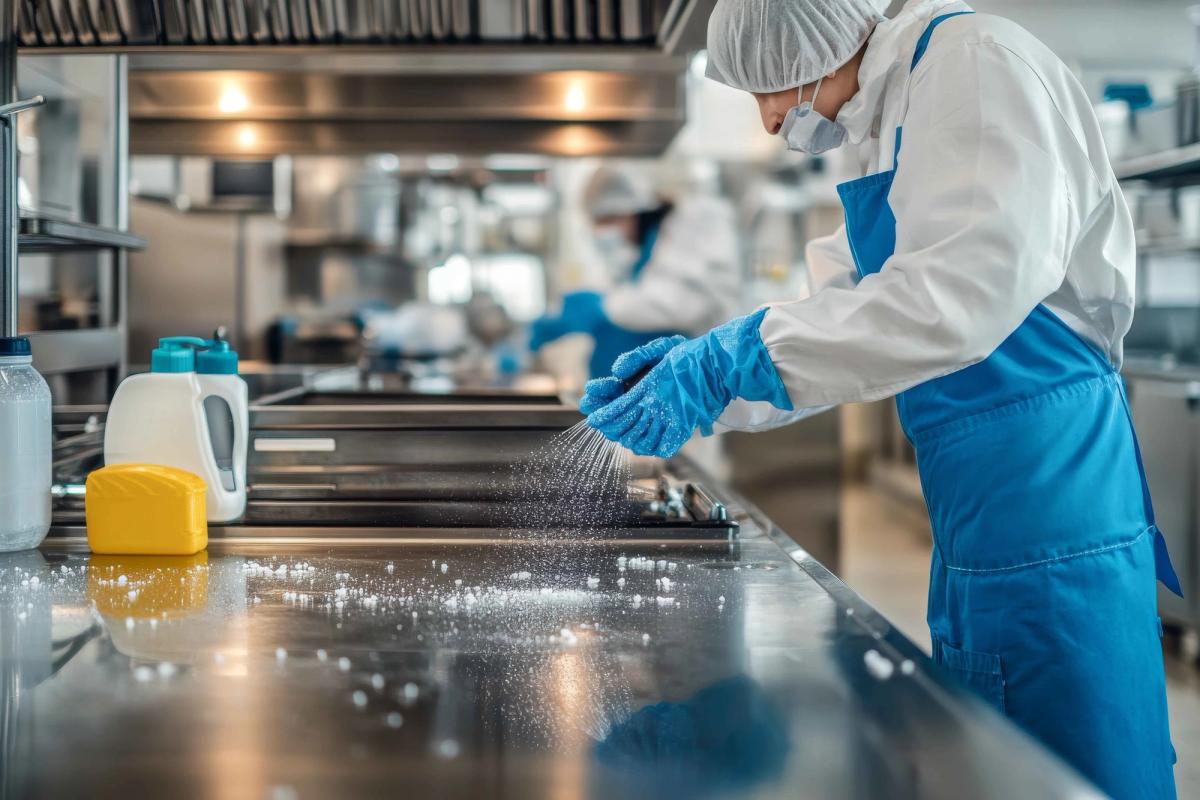 A man wearing an apron, cleaning the food preparation area. 