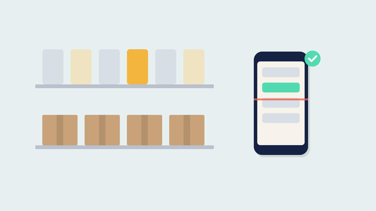 Illustration of a fast restaurant stocktake: shelves of containers and cartons counted on a phone with a barcode scan line