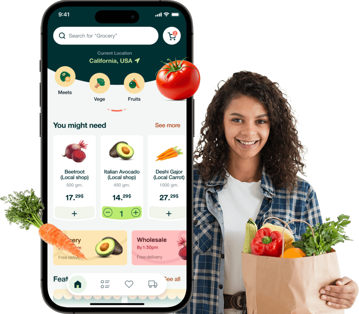Woman holding a grocery bag next to a phone screen showing a grocery online ordering app.