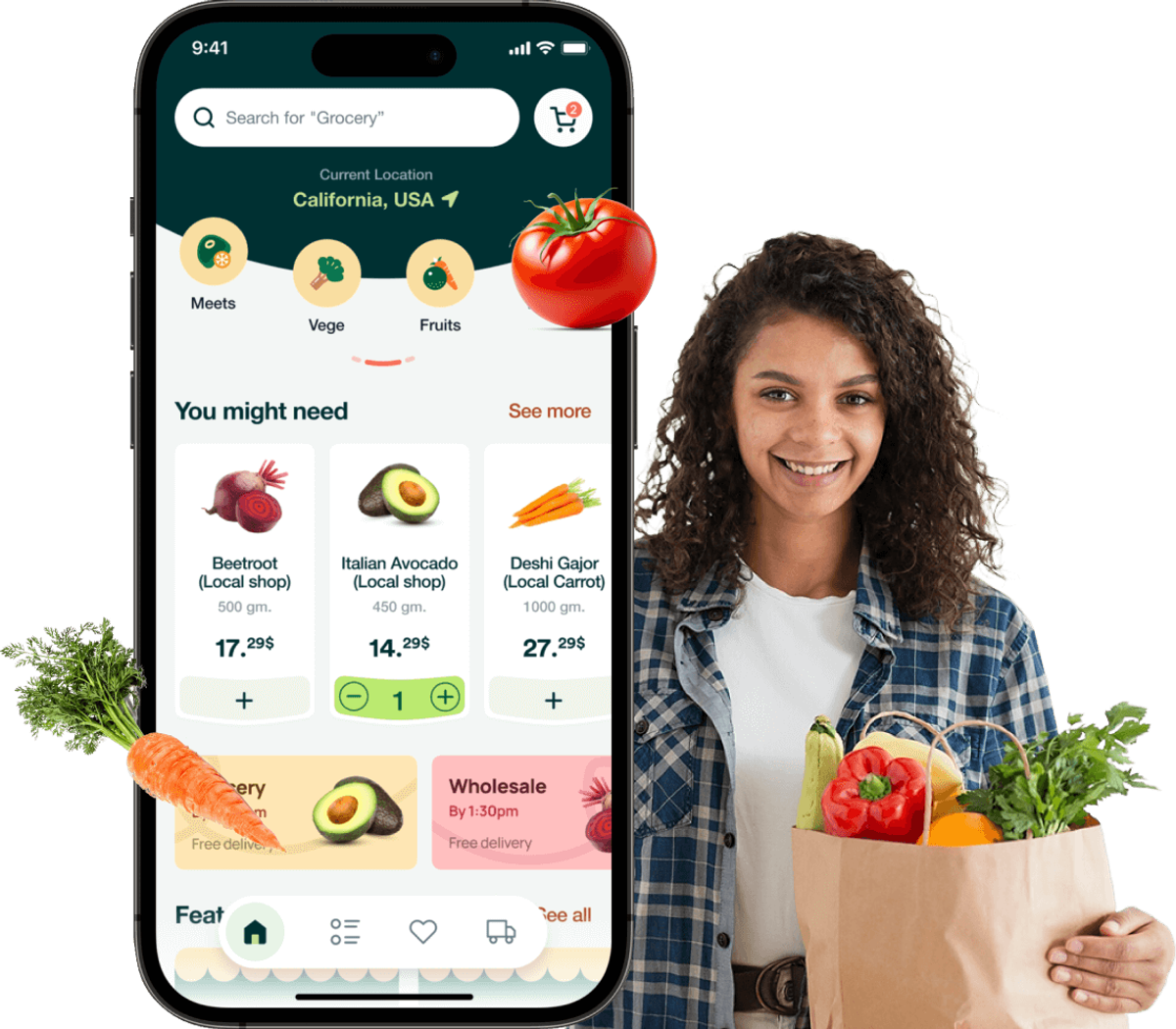 Woman holding a grocery bag next to a phone screen showing a grocery online ordering app.