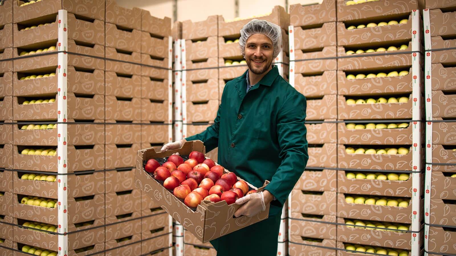 A man holding a box of apples inside a warehouse.