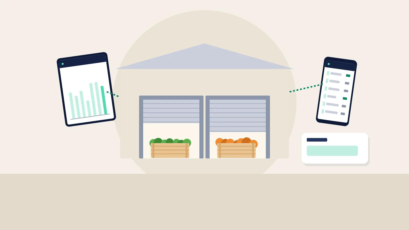 Illustration of a food warehouse connected to a tablet, a phone and a dashboard, showing technology across a wholesale business.