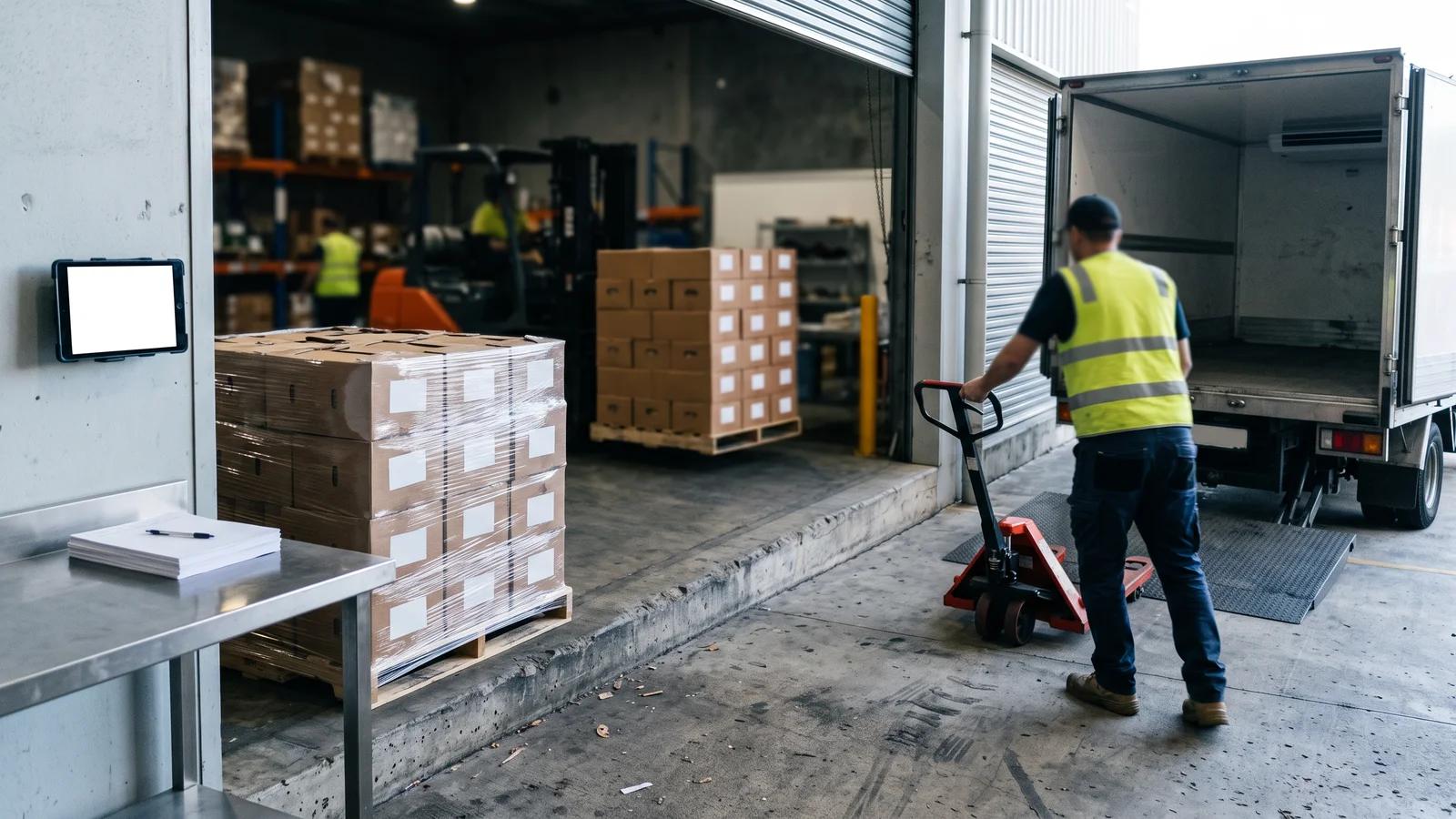 Australian wholesale food supplier's despatch dock loading shrink-wrapped pallets of produce cartons bound for a supermarket distribution centre under EDI ordering