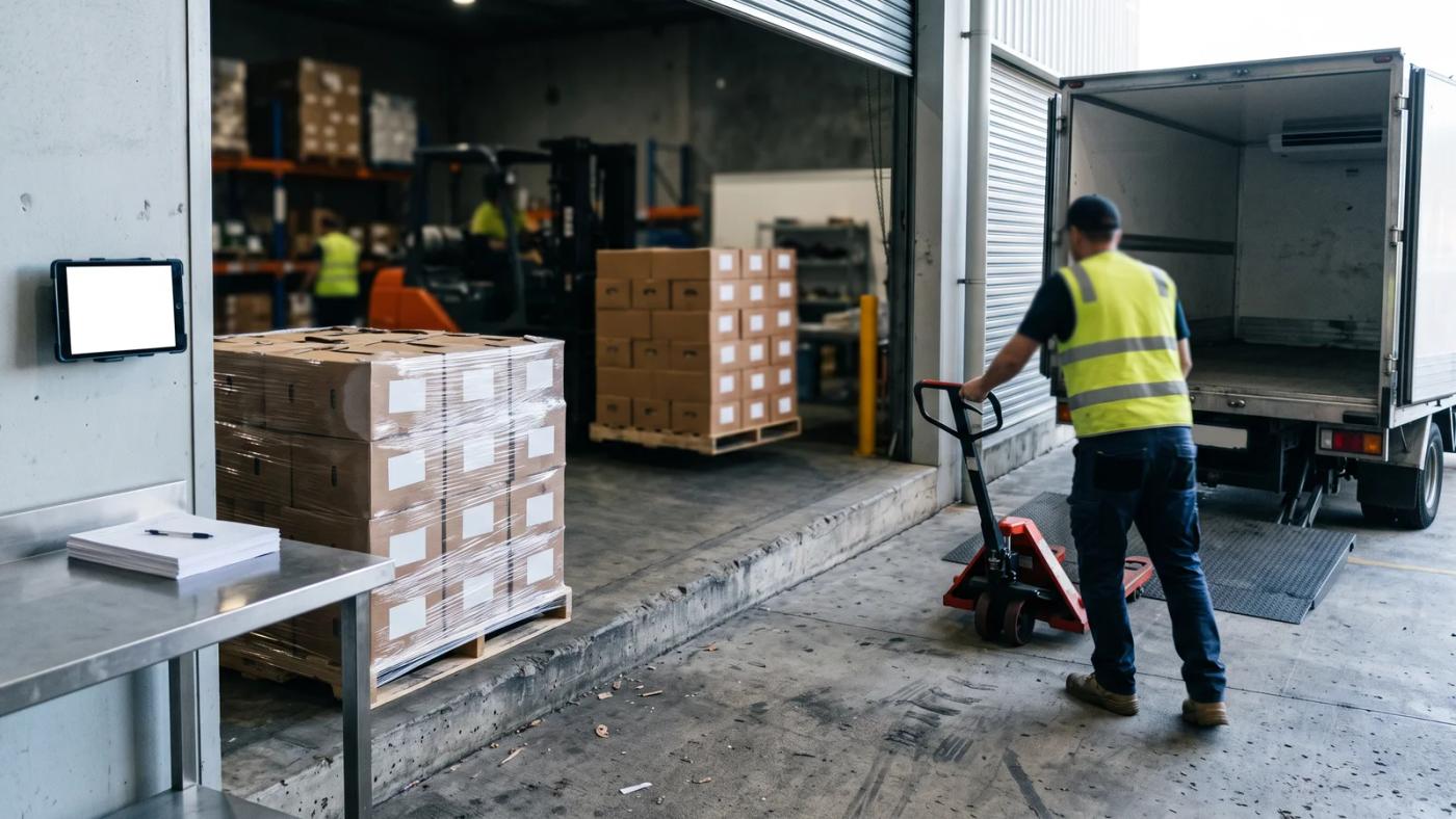 Australian wholesale food supplier's despatch dock loading shrink-wrapped pallets of produce cartons bound for a supermarket distribution centre under EDI ordering
