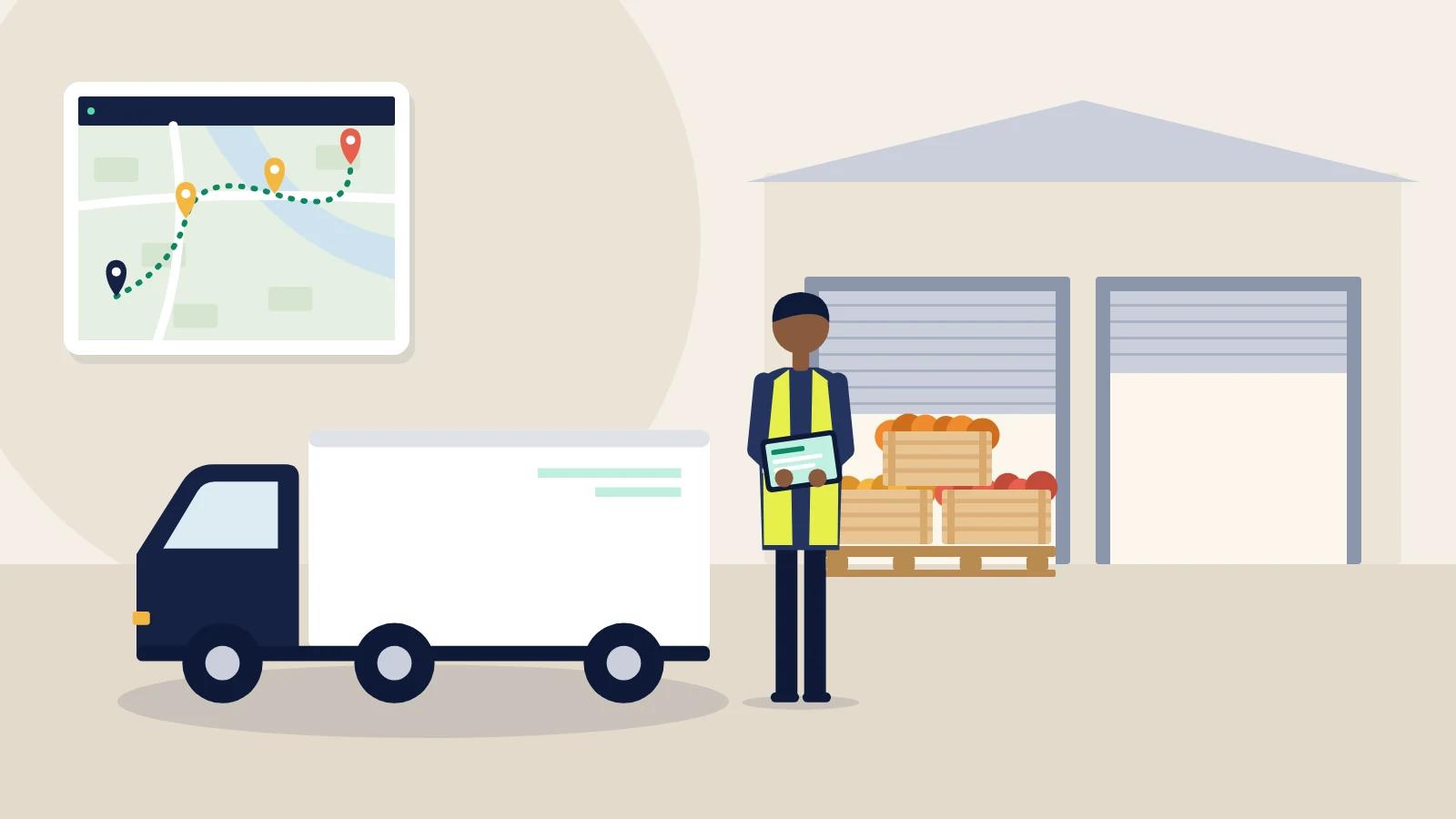 Illustration of a refrigerated truck leaving a food warehouse with a delivery route map above.