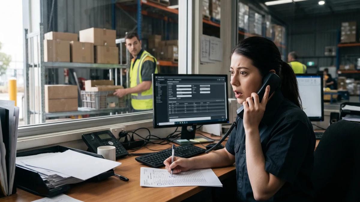 A wholesale order desk mid-afternoon, phone ringing, showing a late order change reaching the picker on the warehouse floor.