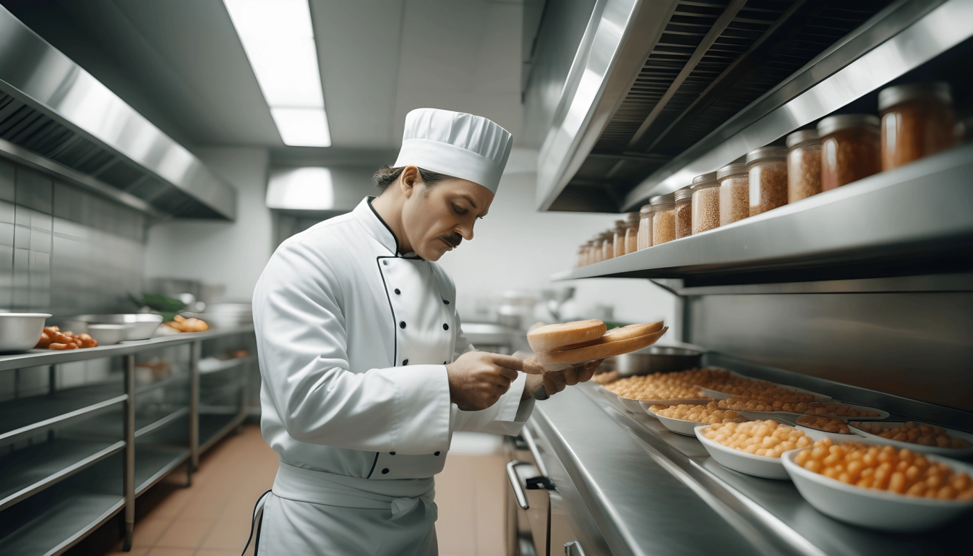 A chef in a commercial kitchen inspecting food for quality and freshness.