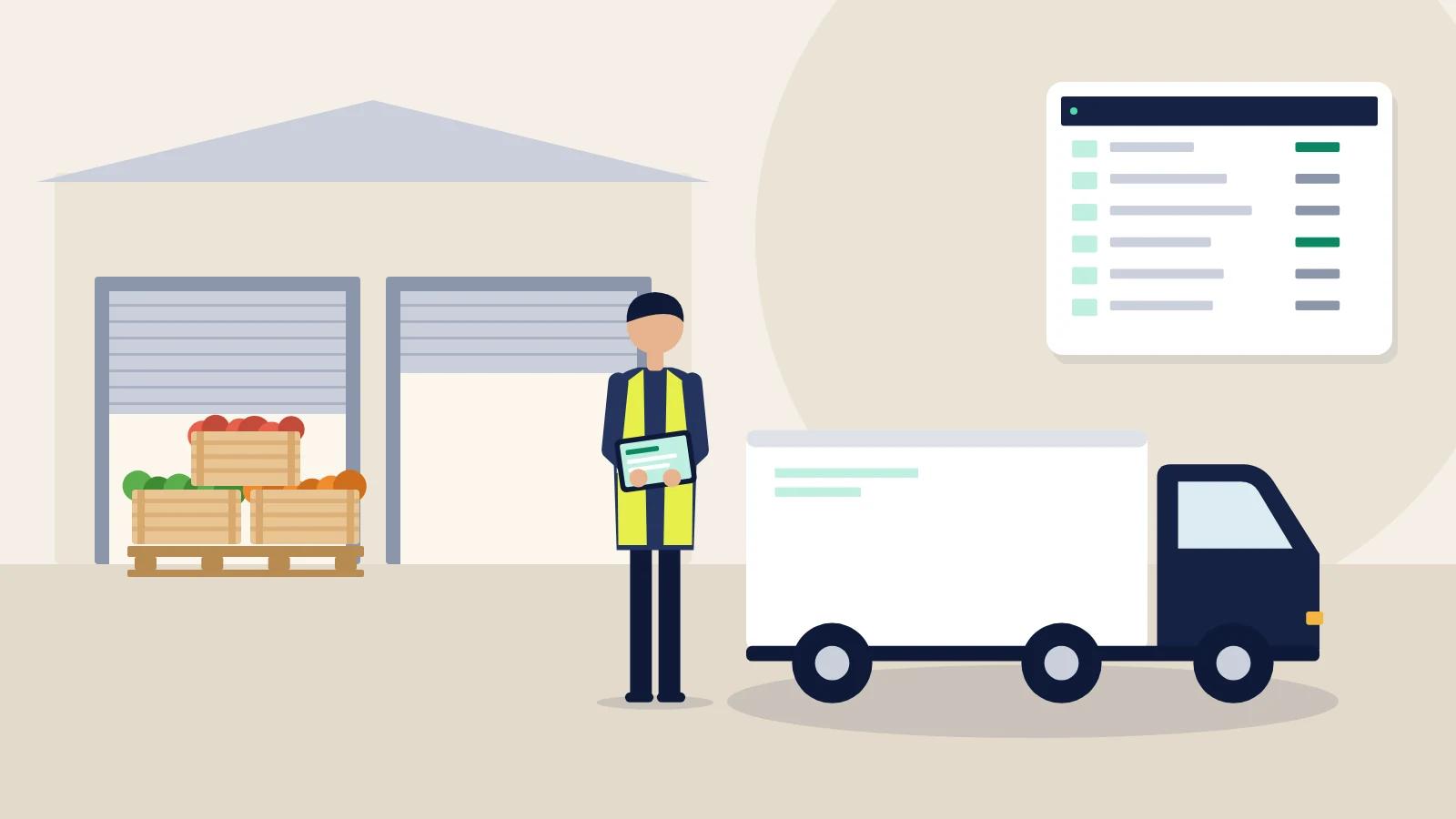 Illustration of a warehouse worker checking a tablet beside a refrigerated truck, with a delivery list above.