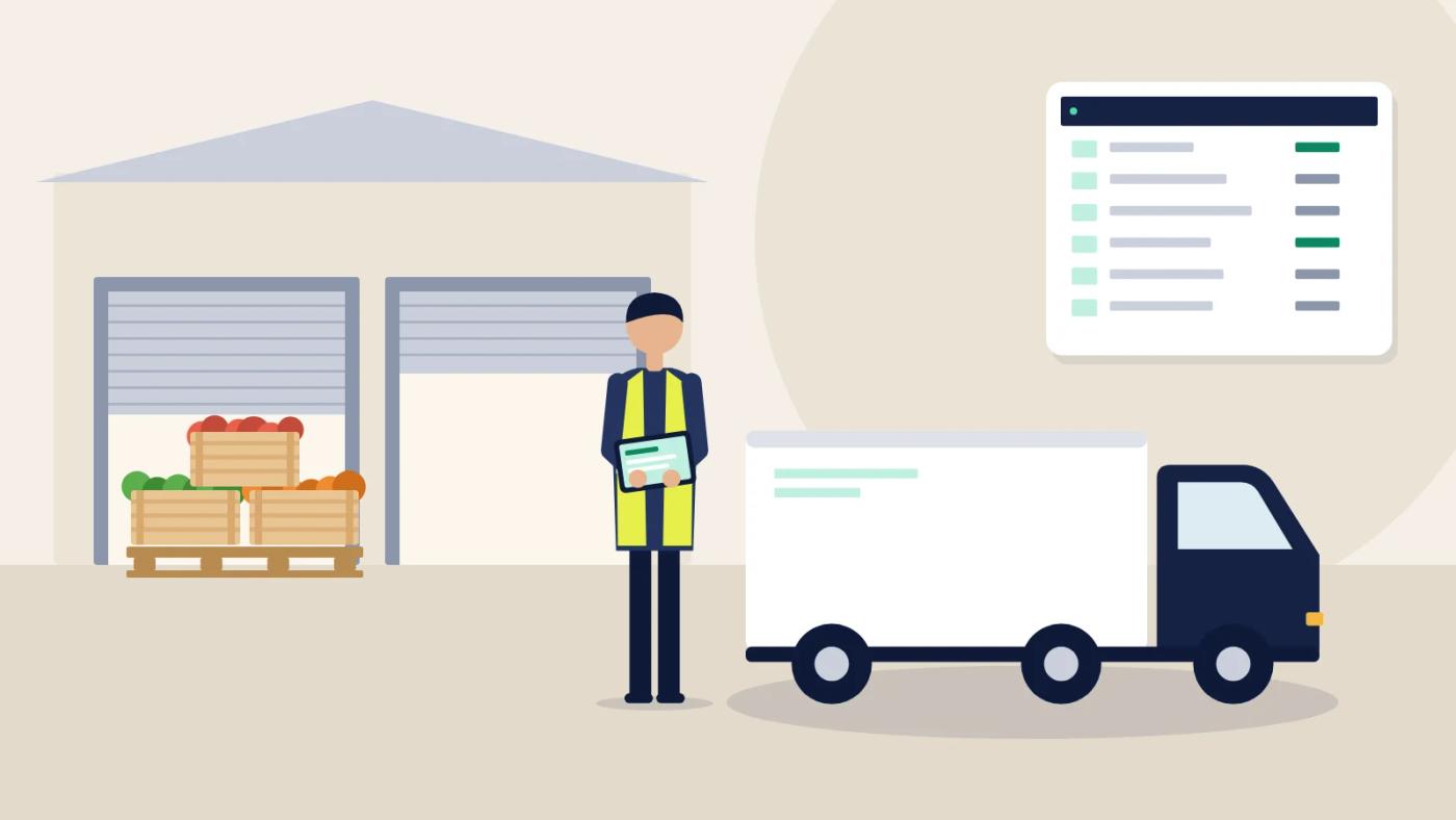 Illustration of a warehouse worker checking a tablet beside a refrigerated truck, with a delivery list above.