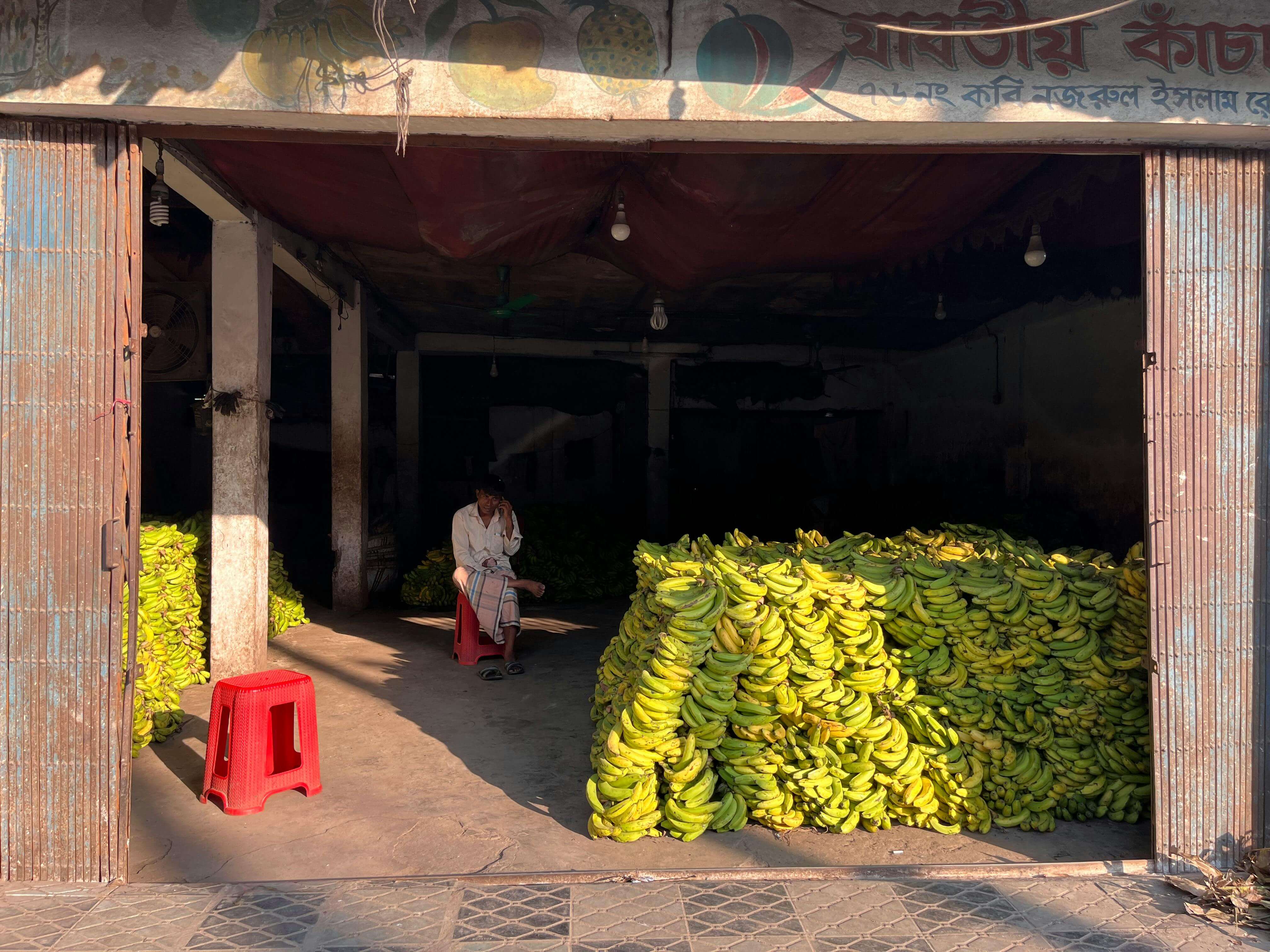 Banana warehouse with worker in sunlit interior.