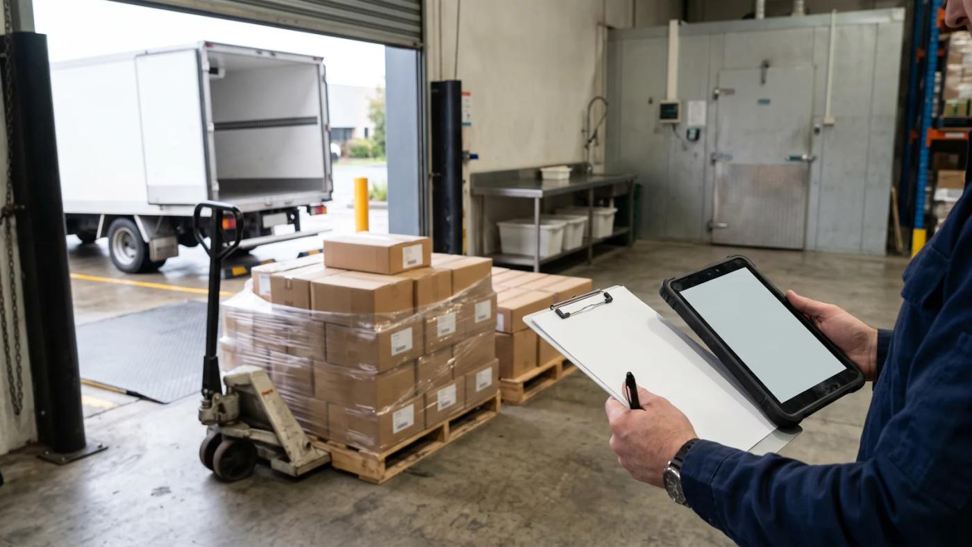 Warehouse manager at an Australian wholesale food receiving dock holding a vendor invoice beside a tablet while checking a pallet of delivered cartons against the purchase order