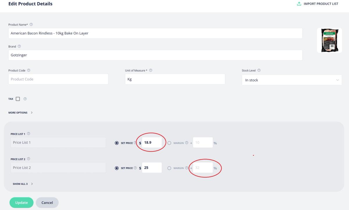 Screenshot of Open Pantry's product details page, in which the price lists 1 and 2 are encircled.
