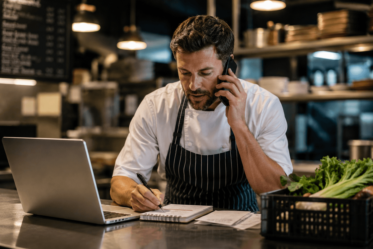 Chef talking on the phone.