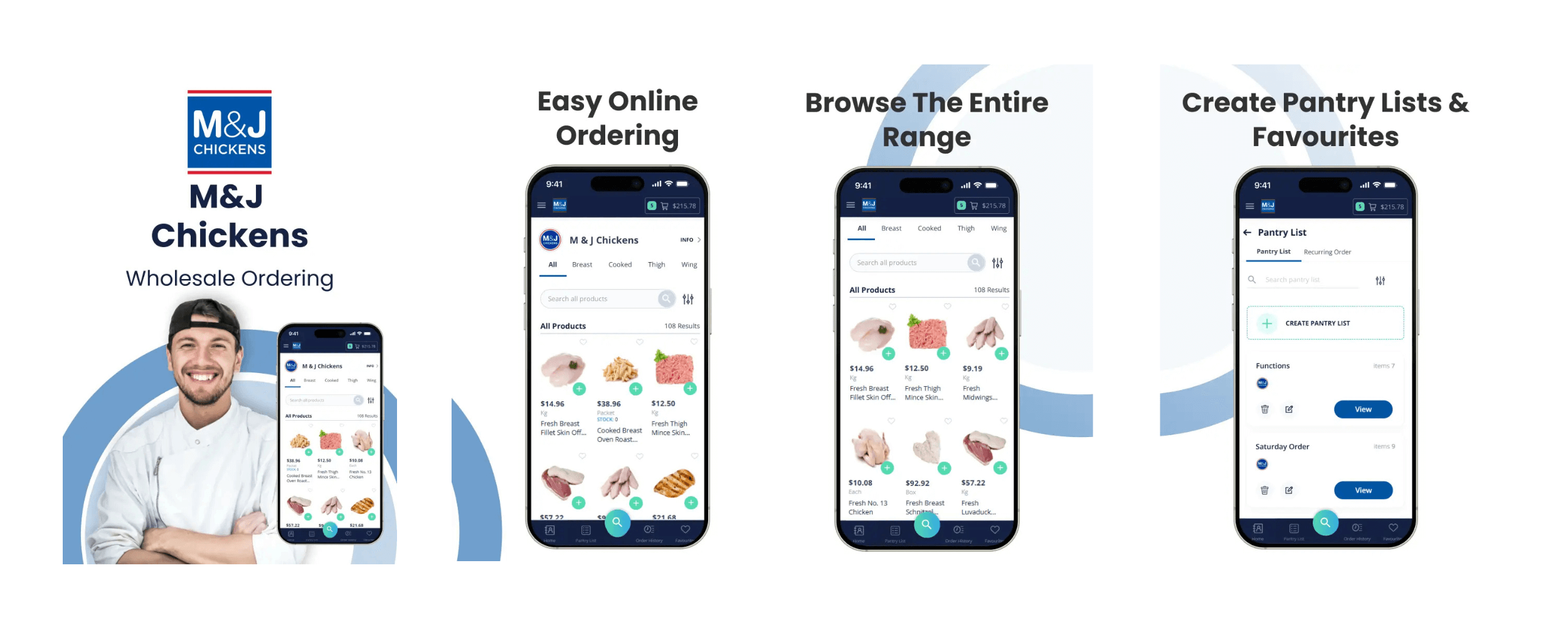 M&J Chickens wholesale ordering app showing easy online ordering, full product range browsing, and pantry list creation features.