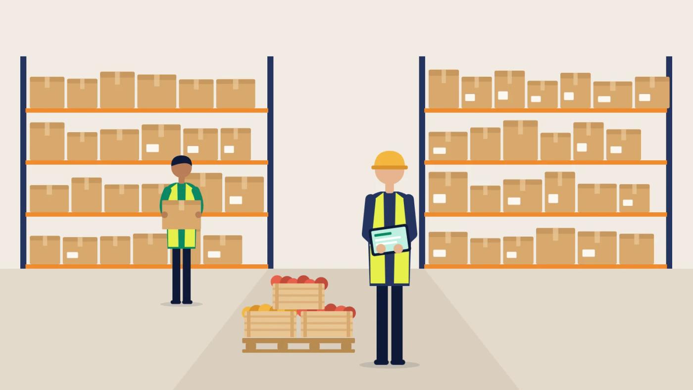 Illustration of warehouse pickers using a tablet and picking cartons from racking.
