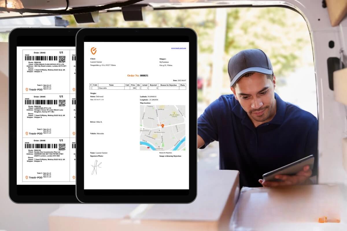 Digital pick slip on a tablet in a delivery van.