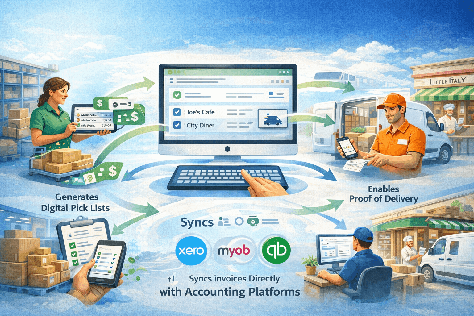 Streamlined foodservice order management system flow.