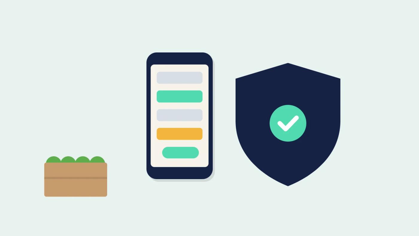 Illustration of safe AI ordering: a phone with a drafted order waiting for approval beside a shield with a tick