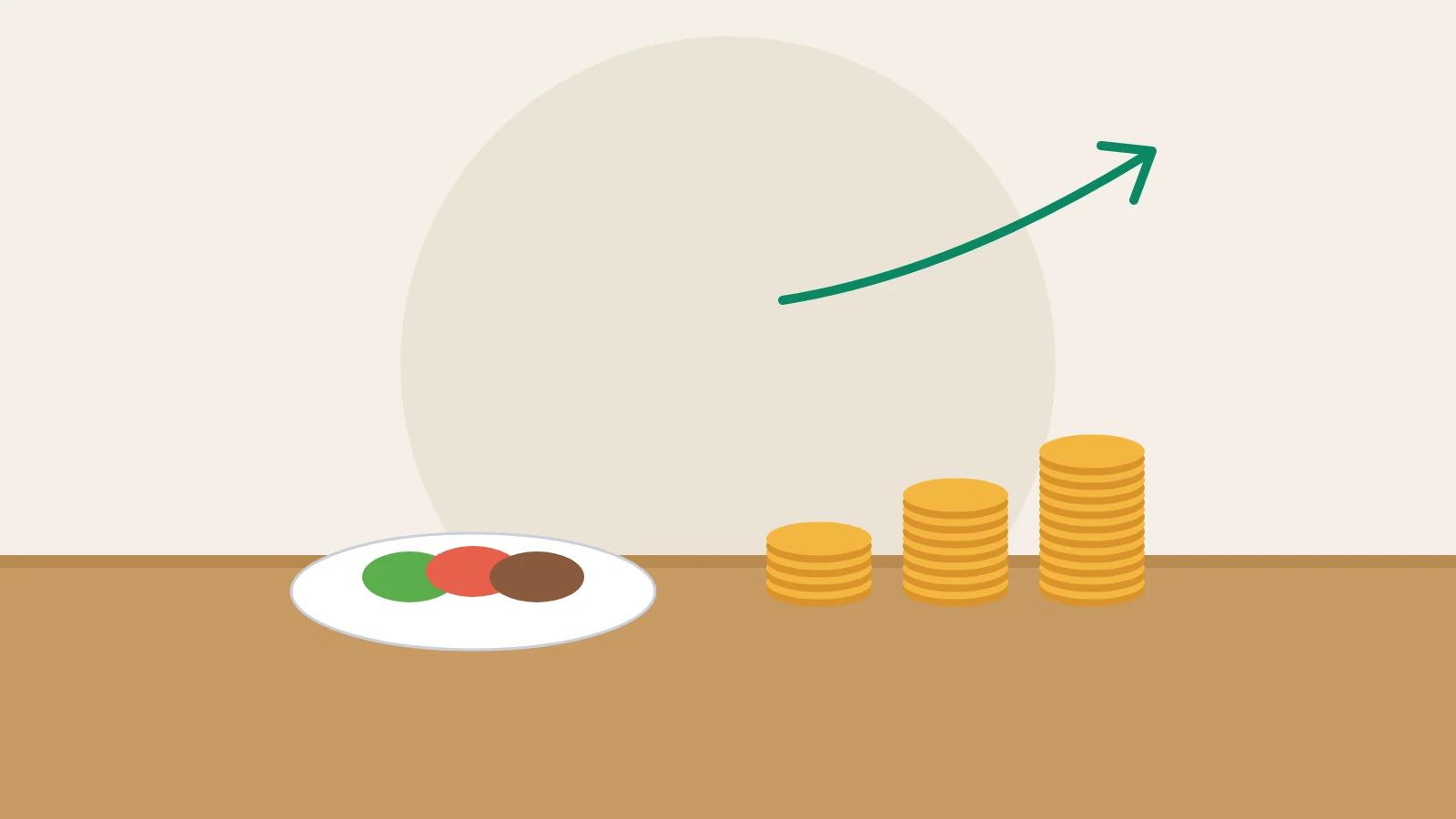 Illustration of a plated dish next to rising stacks of coins on a timber bench, representing restaurant profit.