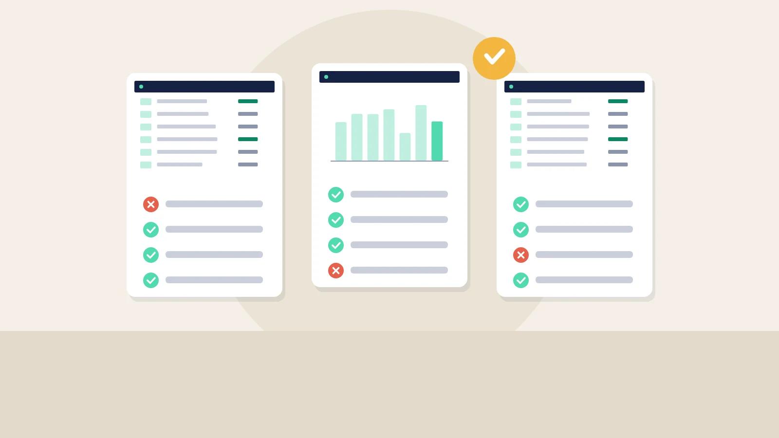 Illustration of three order management software screens compared side by side with ticks and crosses.
