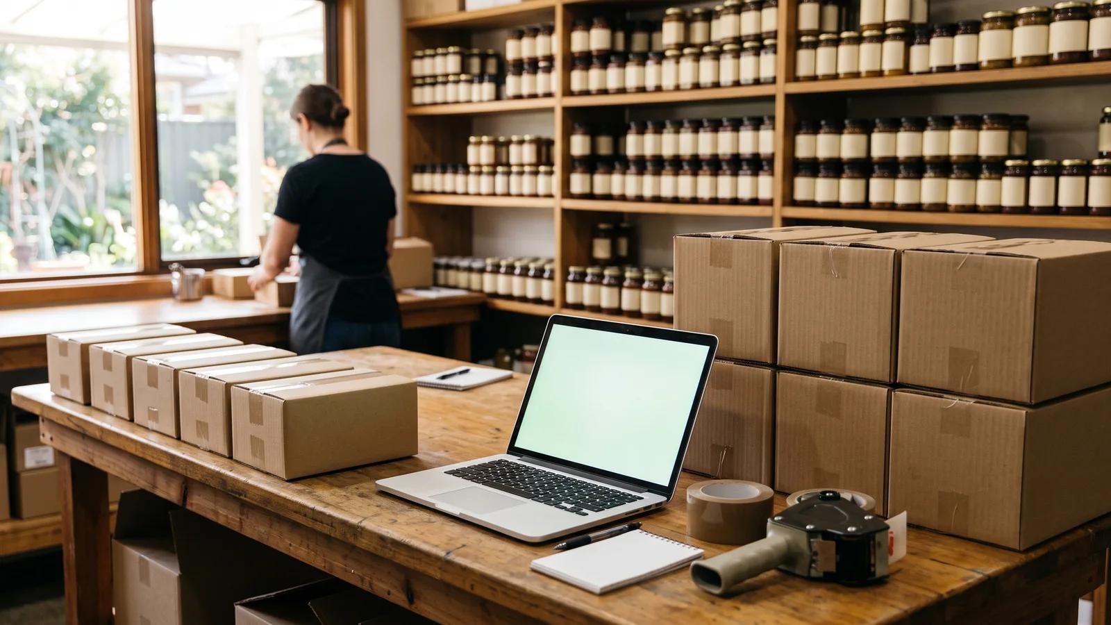 A small food producer's packing bench with online-store parcels beside a stack of wholesale cartons and a laptop showing incoming orders.