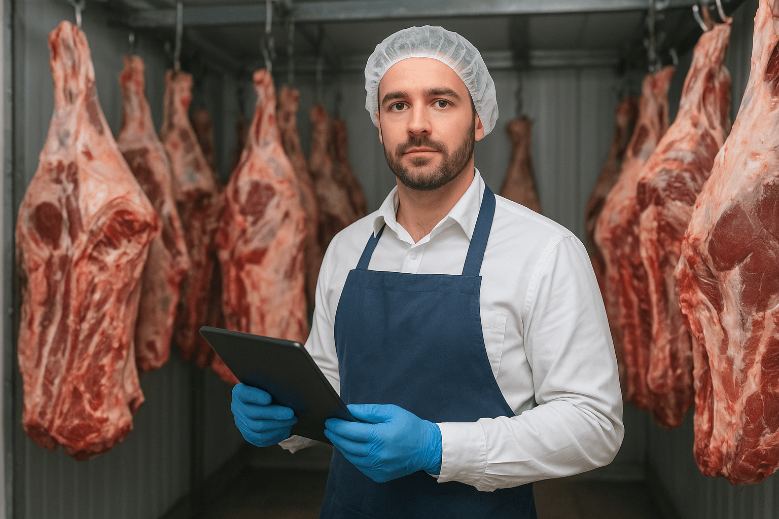 A man holding a tablet in a cold storage room full of meat.