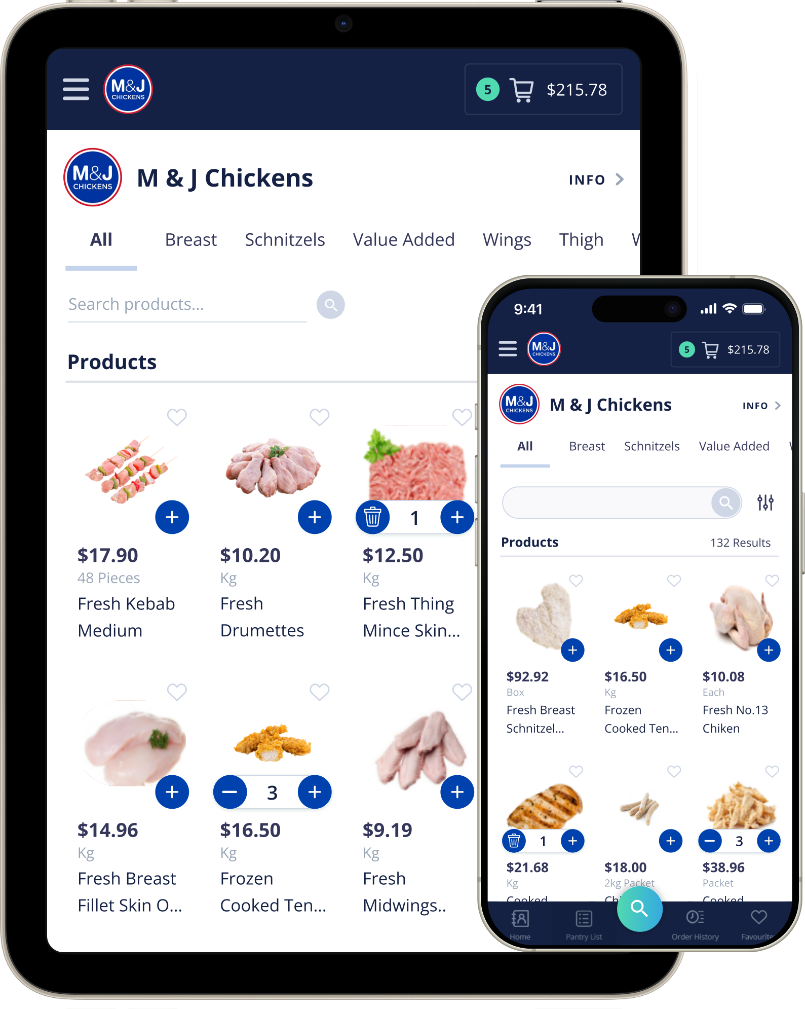 M & J Chickens online ordering app on tablet and phone screens.