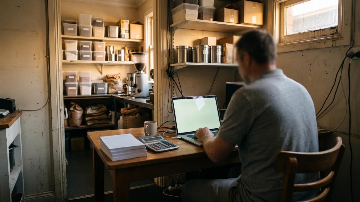 A cafe owner at a small back-of-house desk with a laptop and a pile of supplier delivery dockets.