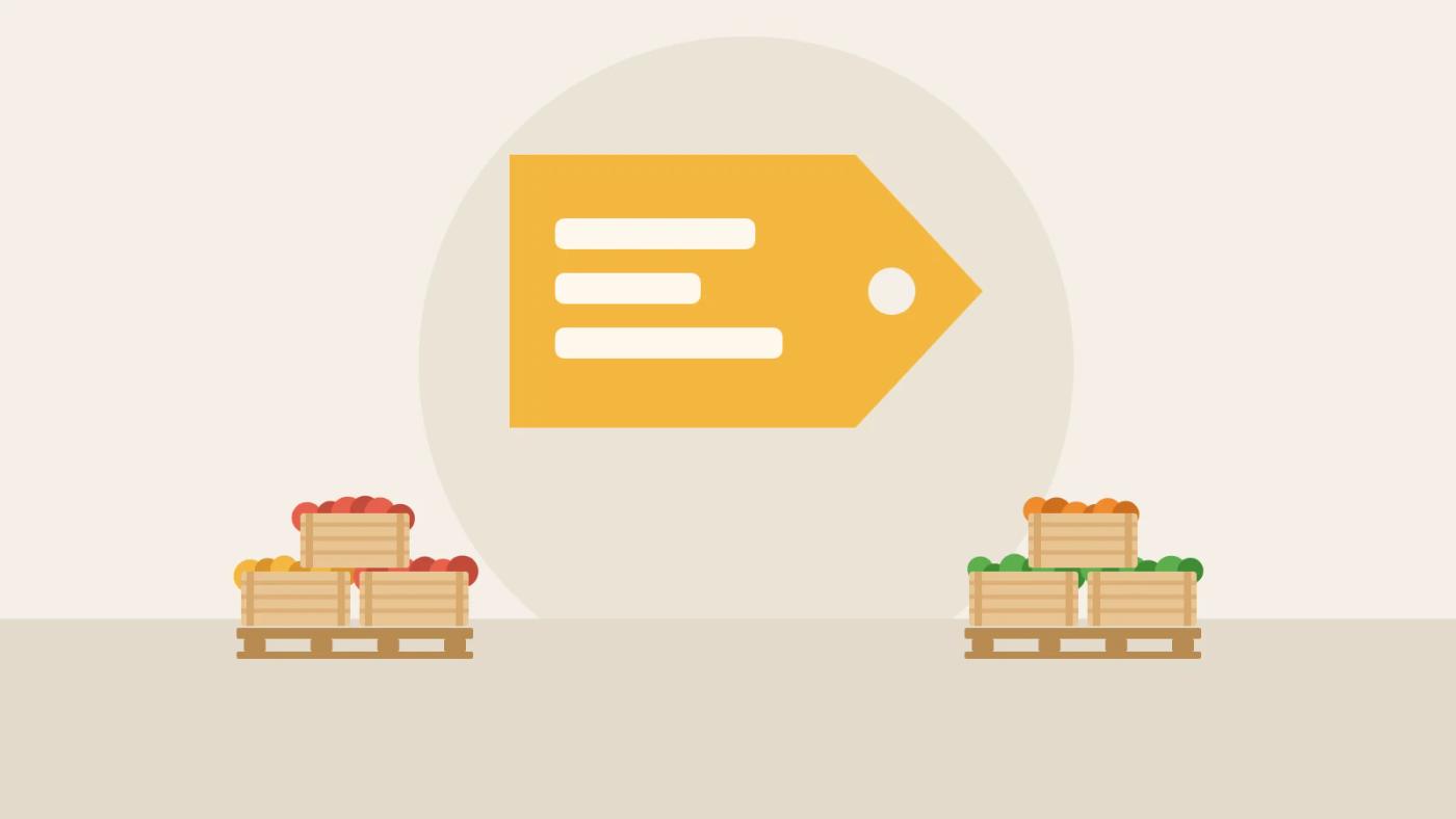 Illustration of a large price tag between pallets of fresh produce crates.