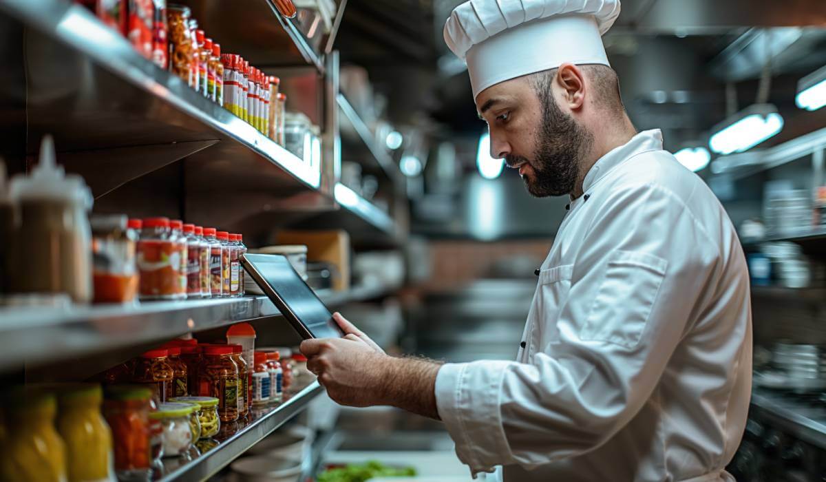 Chef checking inventory on a tablet in a commercial kitchen.