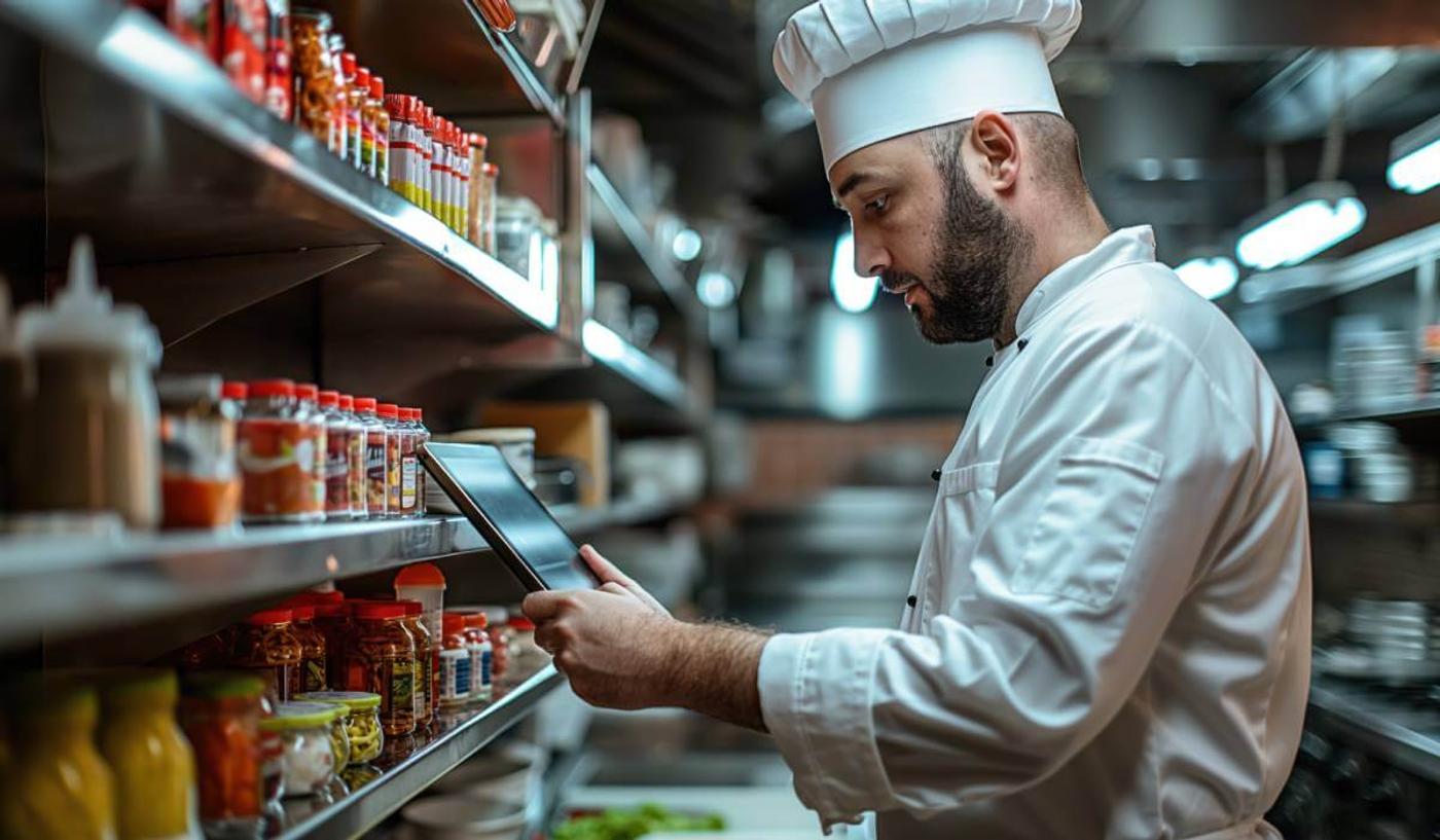Chef checking inventory on a tablet in a commercial kitchen.