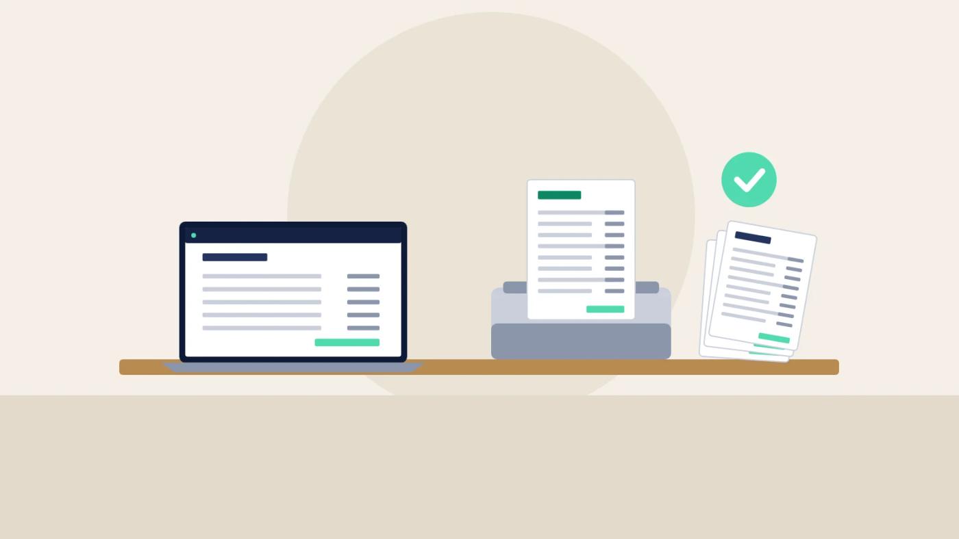 Illustration of a laptop invoice list and a printer producing invoices with a tick.