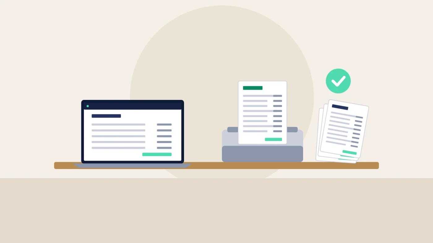 Illustration of a laptop invoice list and a printer producing invoices with a tick.
