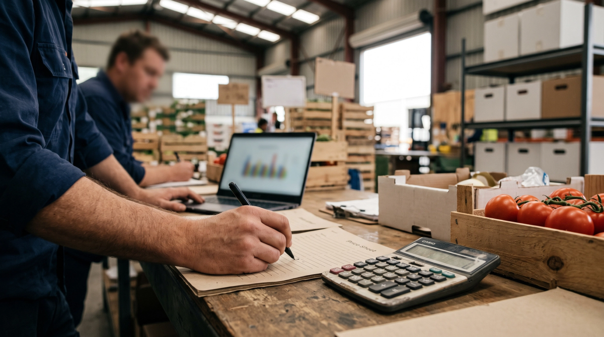 A wholesaler marking up a printed price sheet beside a calculator and a crate of tomatoes in a produce warehouse office.