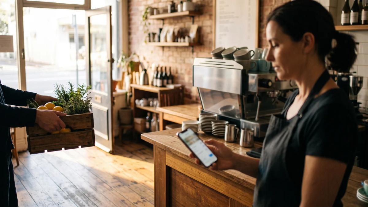 A café owner placing a weekly wholesale order on a smartphone at the counter while a supplier delivery sits at the door.