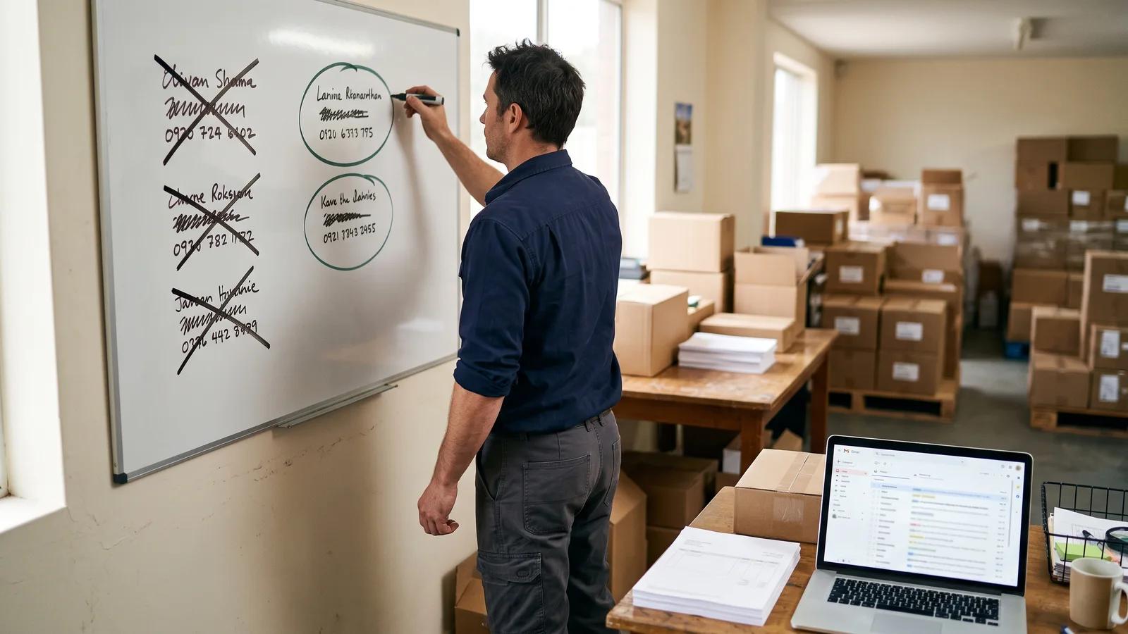 A supplier manager consolidating scattered ordering channels onto one shared inbox and number on a whiteboard.