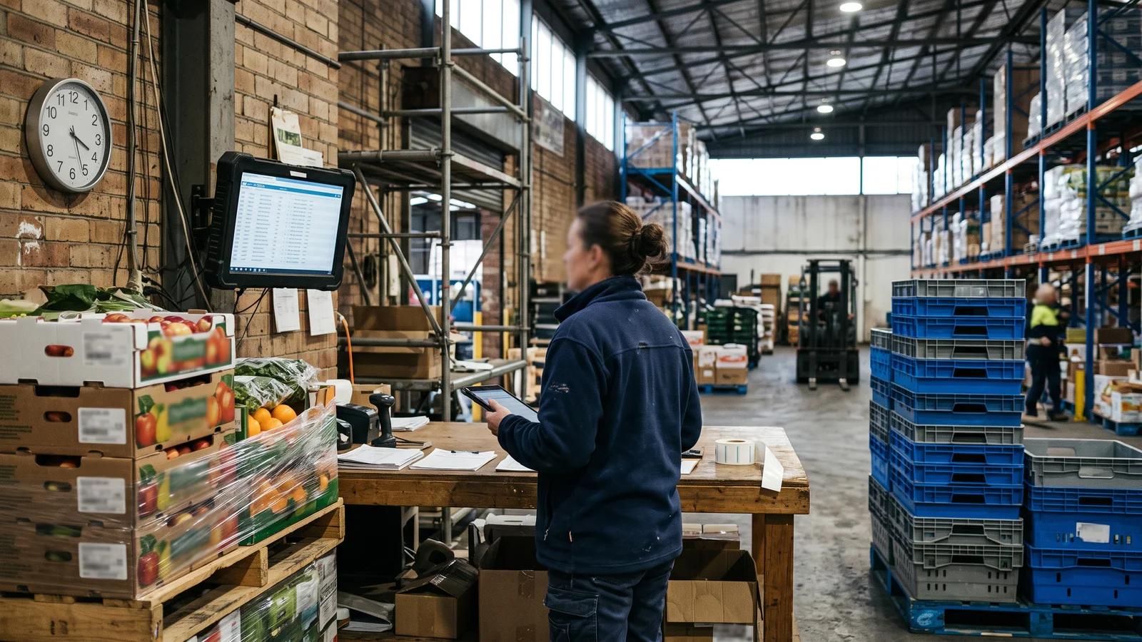 Warehouse supervisor reviewing a locked order list on a wall-mounted screen beside stacked picking crates before a delivery run