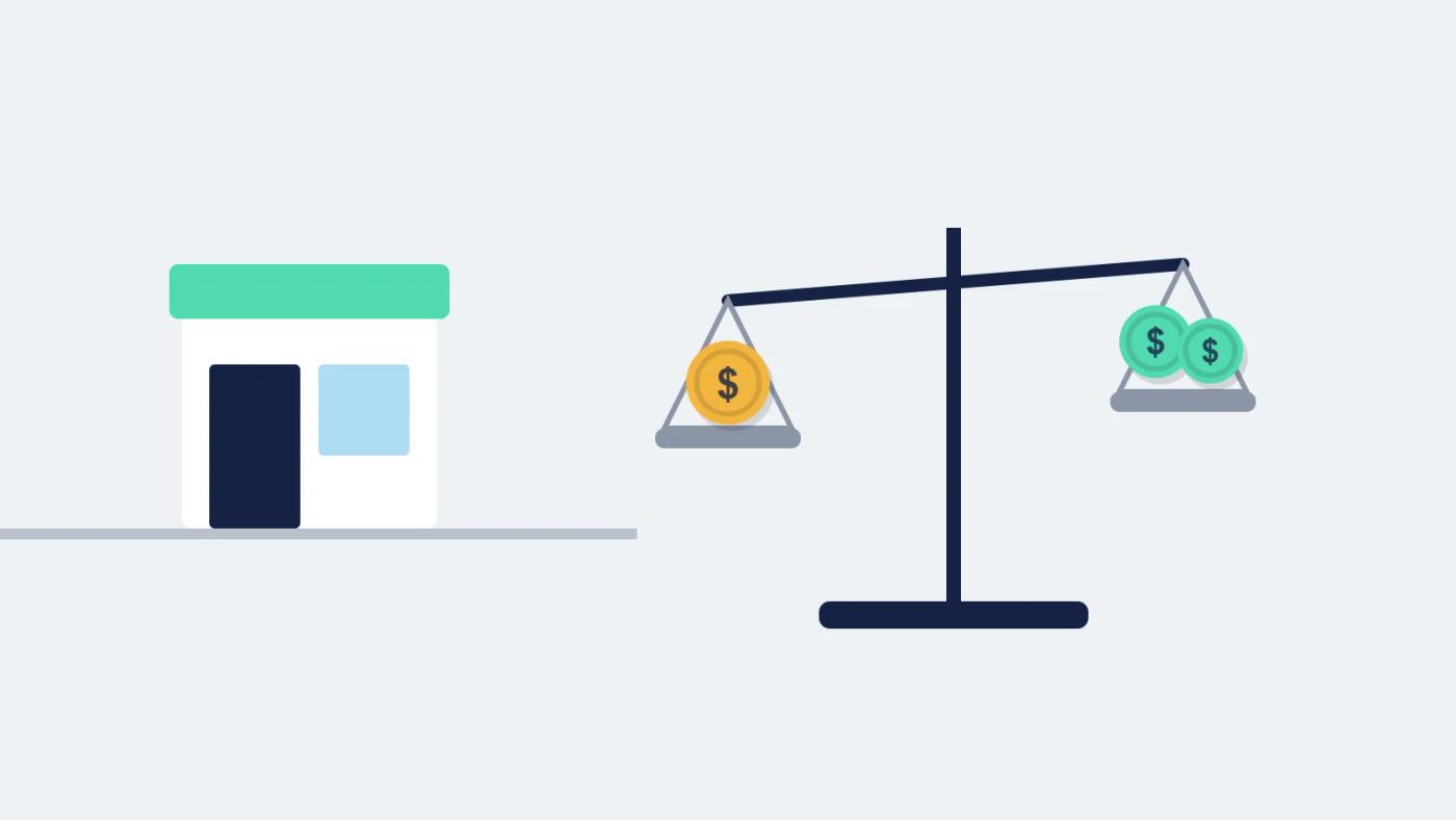 Illustration of whether restaurant software is worth it for a single venue: one restaurant shopfront and a balance scale weighing cost against savings