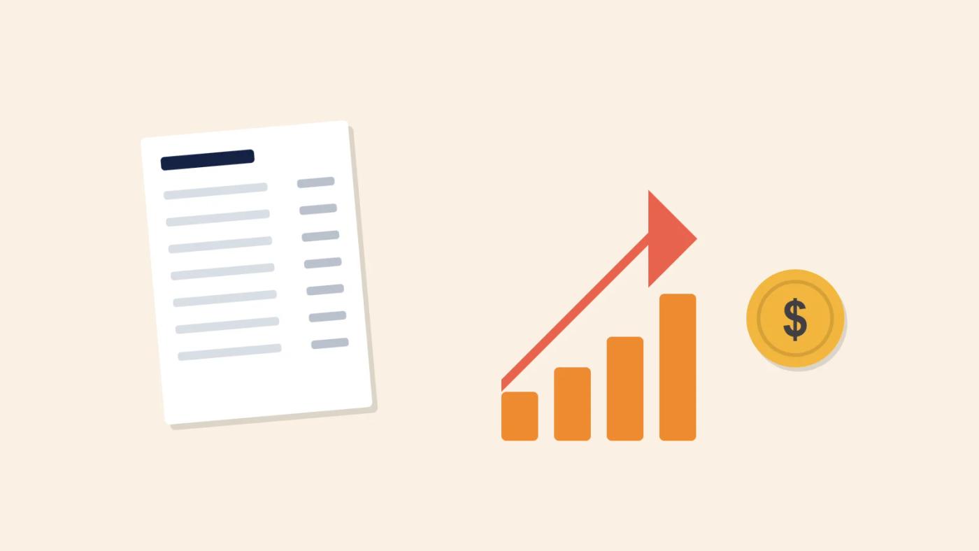Illustration of a supplier price rise on a restaurant invoice: an invoice, a rising red arrow over climbing cost bars and a dollar coin