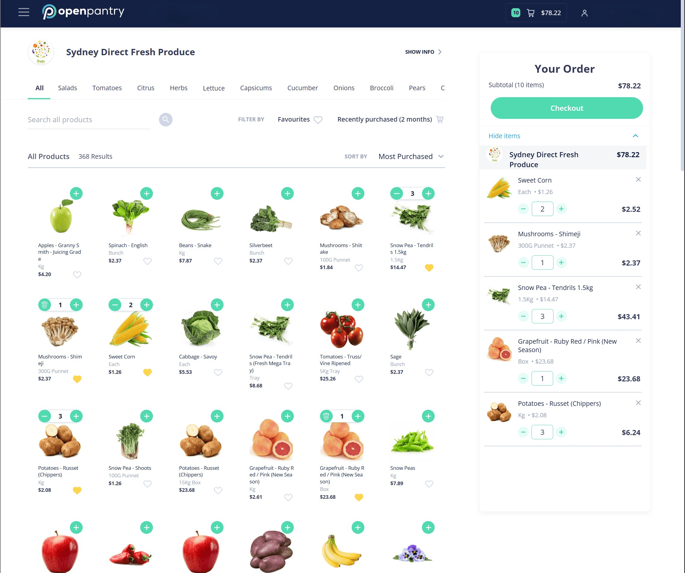 Open Pantry supplier page showing fresh produce products with a cart open on the right, including item quantities and prices.