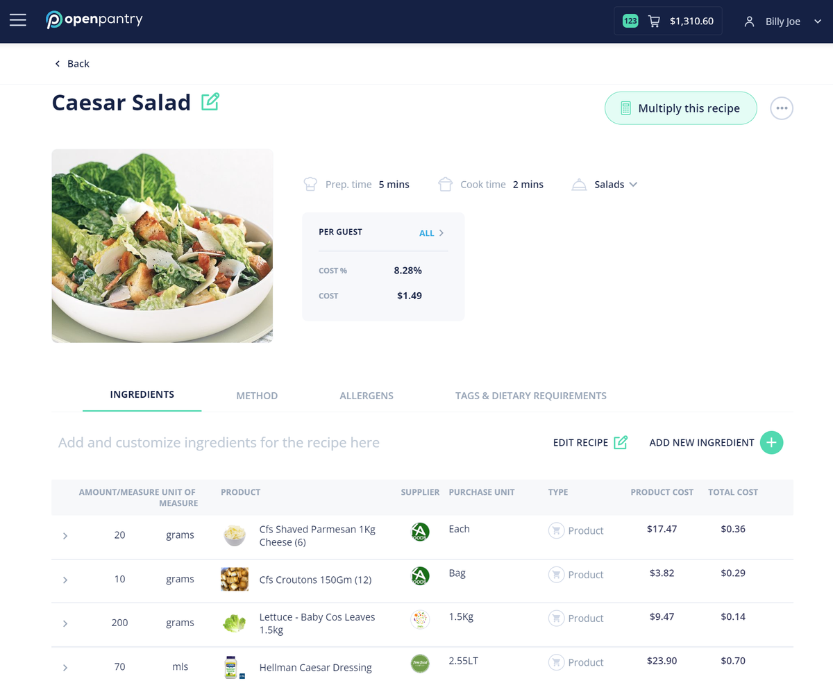 Screenshot of Open Pantry's menu costing for Caesar salad.